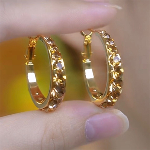 咖色水钻耳圈小圆圈耳环2024年新款气质网红轻奢银针圈圈耳饰耳坠