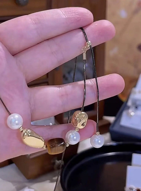 复古几何珠珠毛衣链可抽拉项链