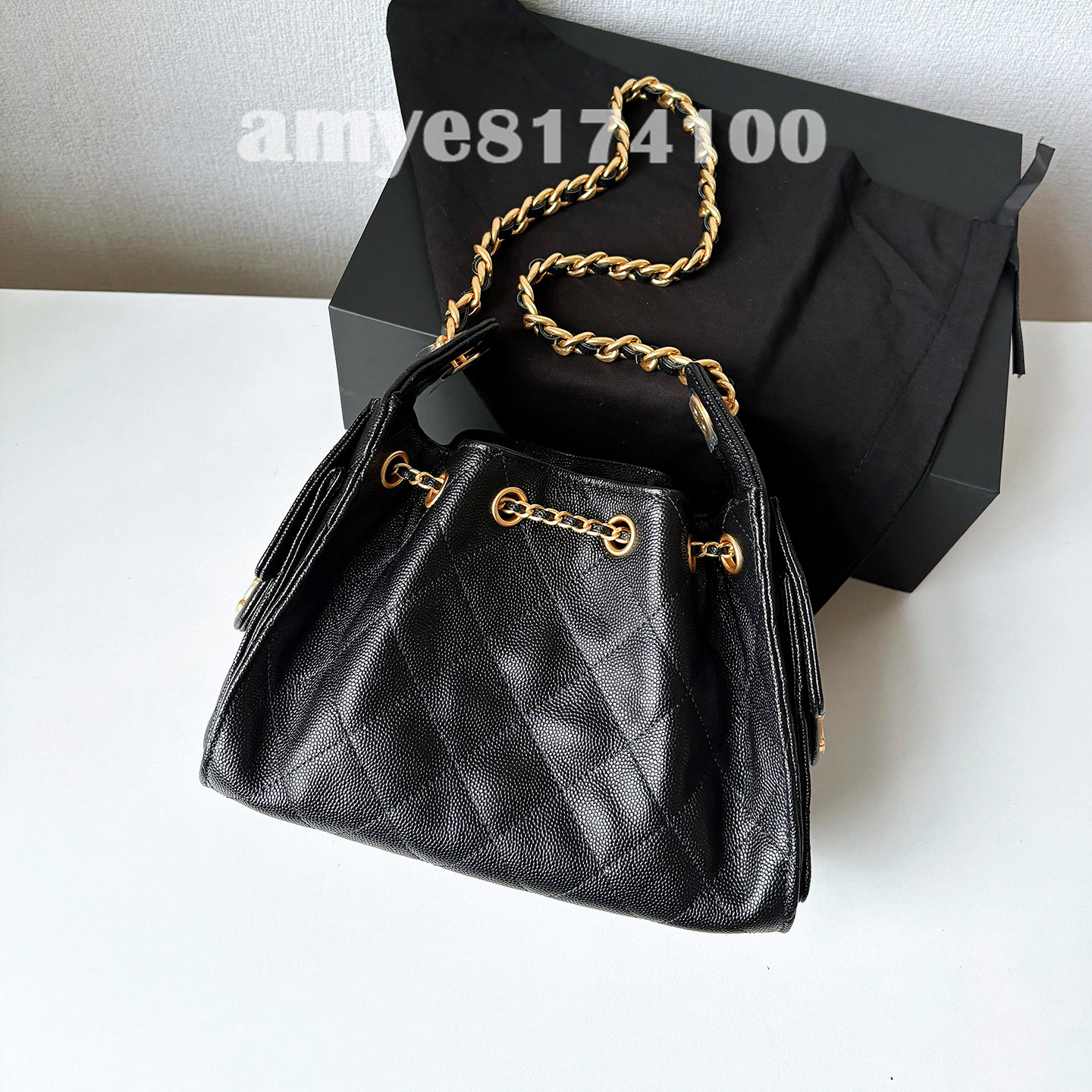 鱼子酱牛皮小香风25bag hobo单肩腋下菱格链条托特包抽绳水桶包女