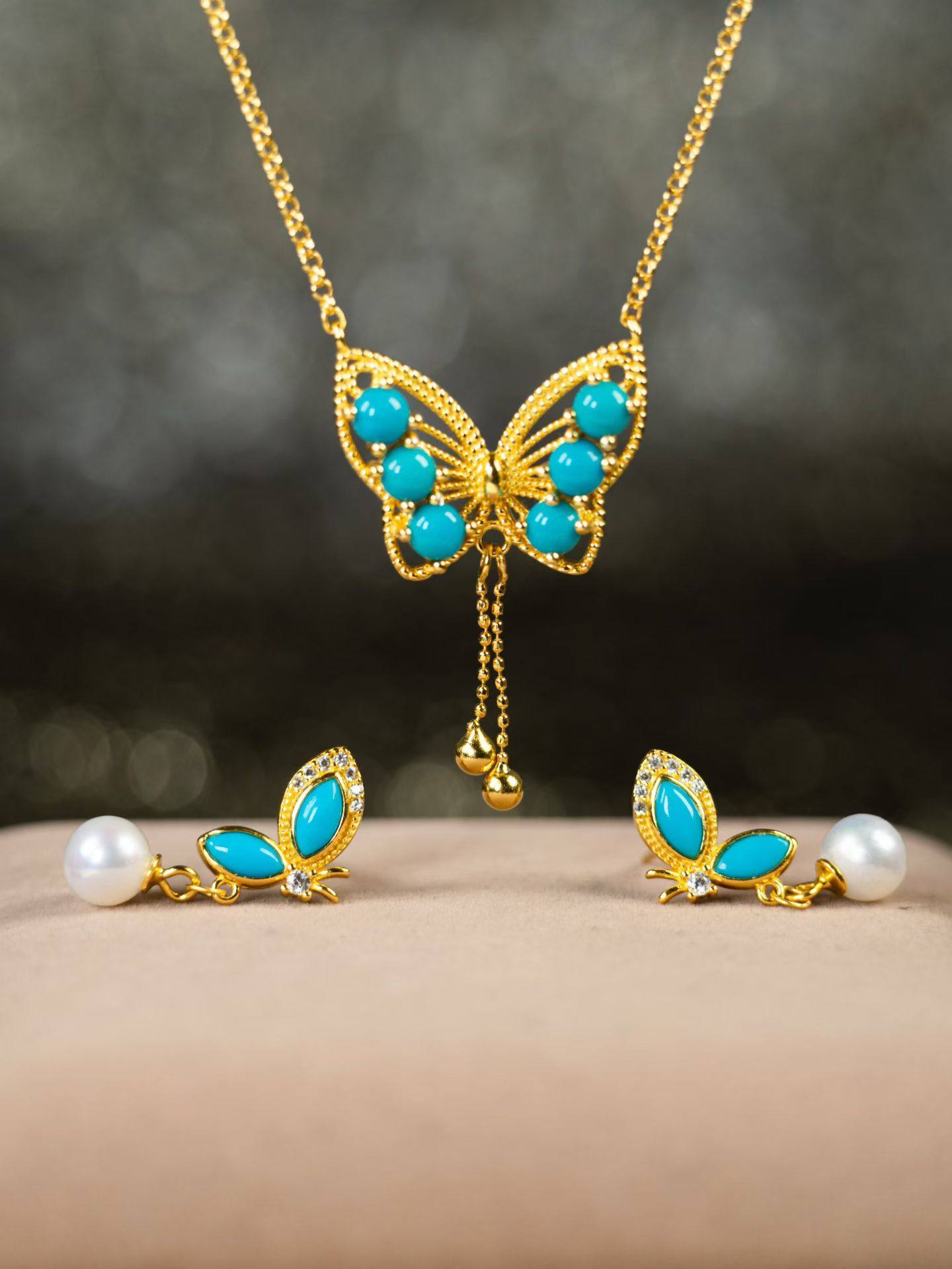 【御松莲心】“蝶影”套链耳钉吊坠湖北原矿绿松石多样性发货,饰品/流行首饰/时尚饰品新,颈饰,淘宝优惠券,粉丝福利购,淘宝优惠卷