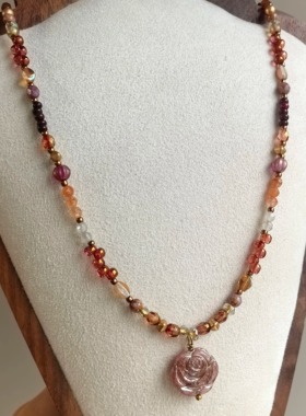 原创设计复古手工琉璃项链女小众设计感高级锁骨链玫瑰花