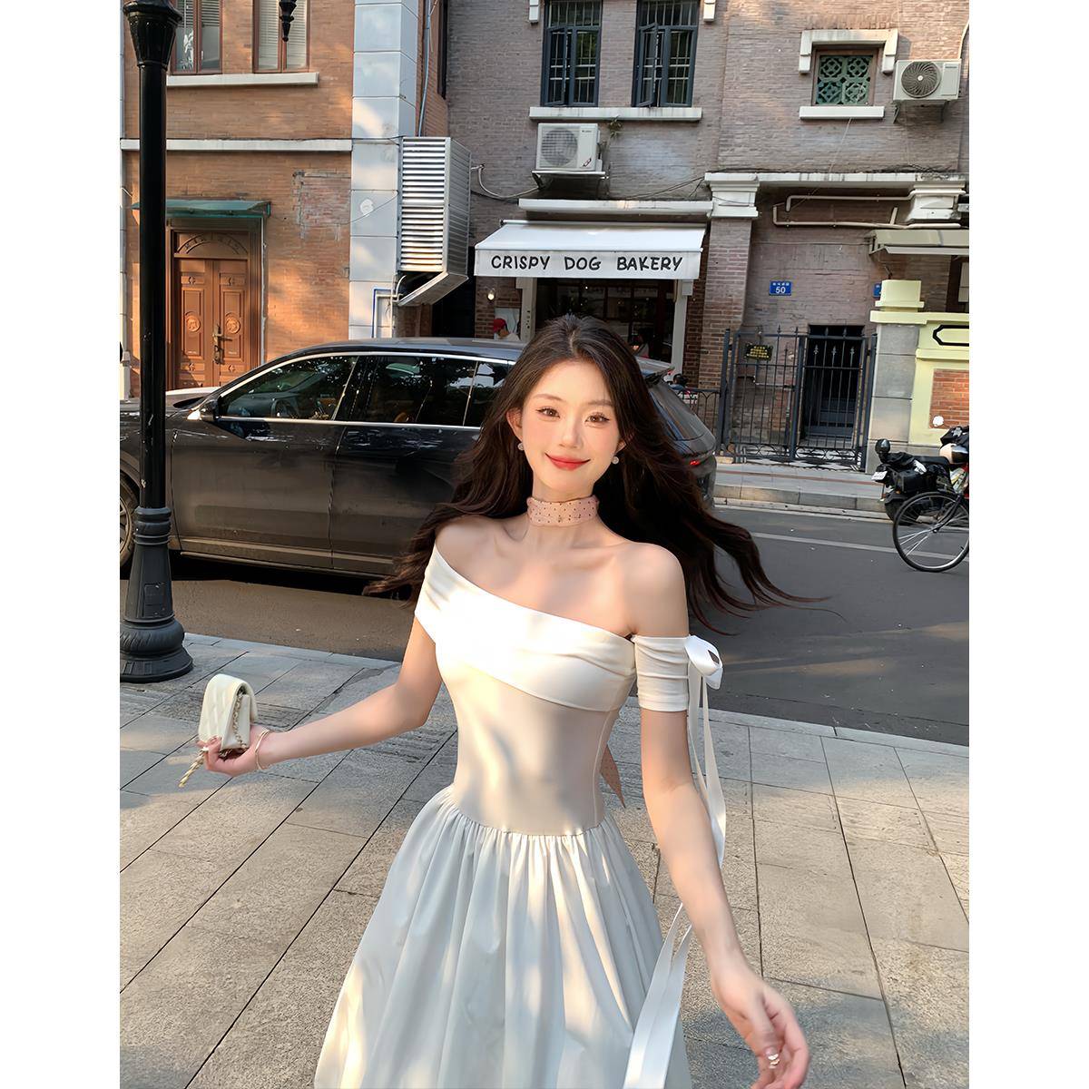 松本丧丧春季流行斜肩花苞裙多穿法红色蓬蓬裙韩系甜美少女连衣裙