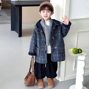 男童加绒格子毛呢外套冬装2025新款韩版儿童连帽加厚中长款呢大衣