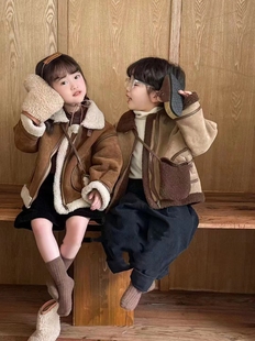 儿童皮毛一体外套男童加绒帅气机车服皮衣女童麂皮绒冬装 潮童衣服