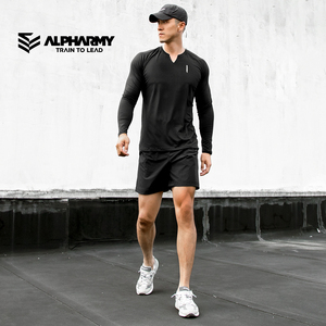 Alpharmy速干长袖t恤男运动健身肌肉训练修身简约风v领休闲上衣秋