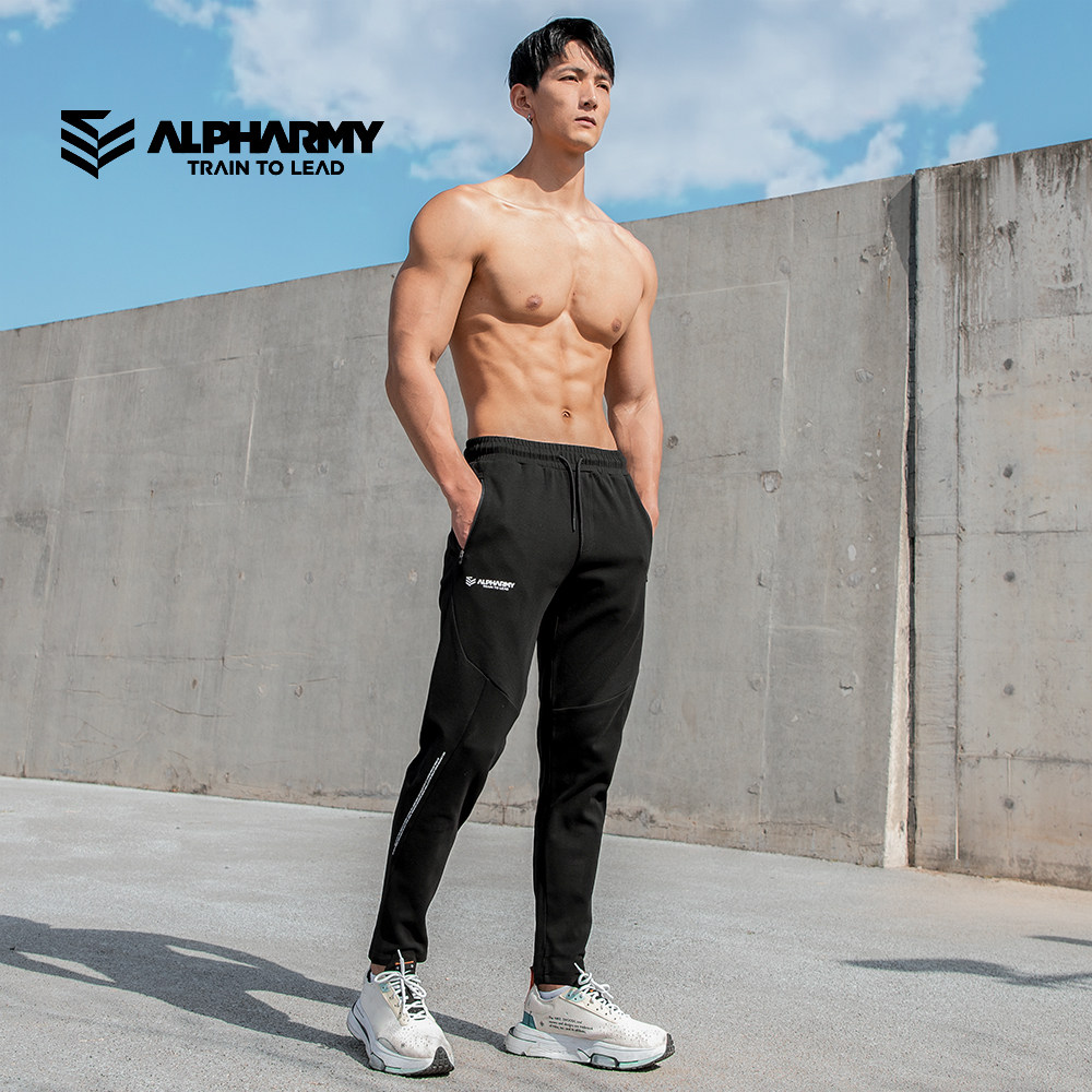 Alpharmy运动长裤男修身健身小腿束脚裤薄款拉链棉感高弹休闲黑色