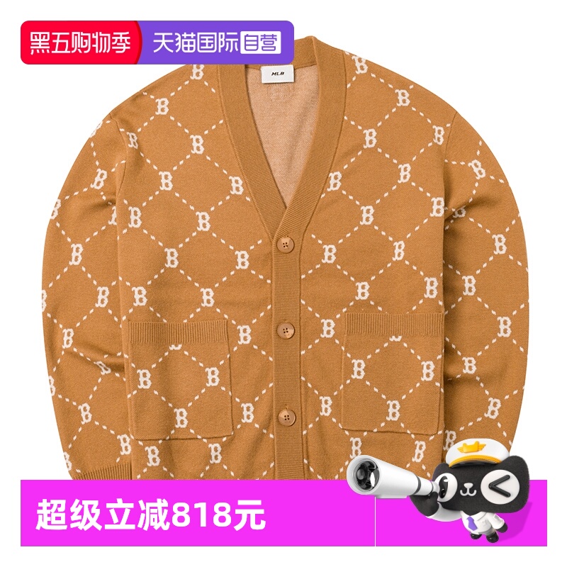 【自营】MLB男女装复古老花针织夹克休闲开衫v领外套3AKCM0144