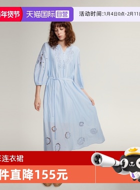 【自营】【蓝风铃】ELLE蓝色镂空绣花连衣裙女24秋季新款气质裙子