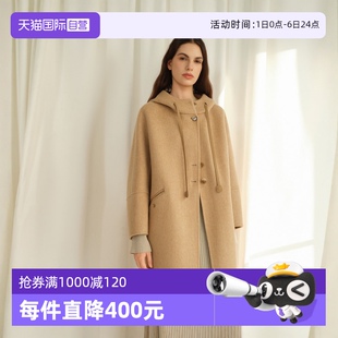 优雅羊毛大衣 自营 ELLE骆驼绒宽松连帽毛呢外套女2024冬季 新款
