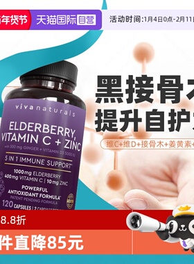 【自营】viva美国进口黑接骨木补充VC维生素D免疫力120粒天然木莓