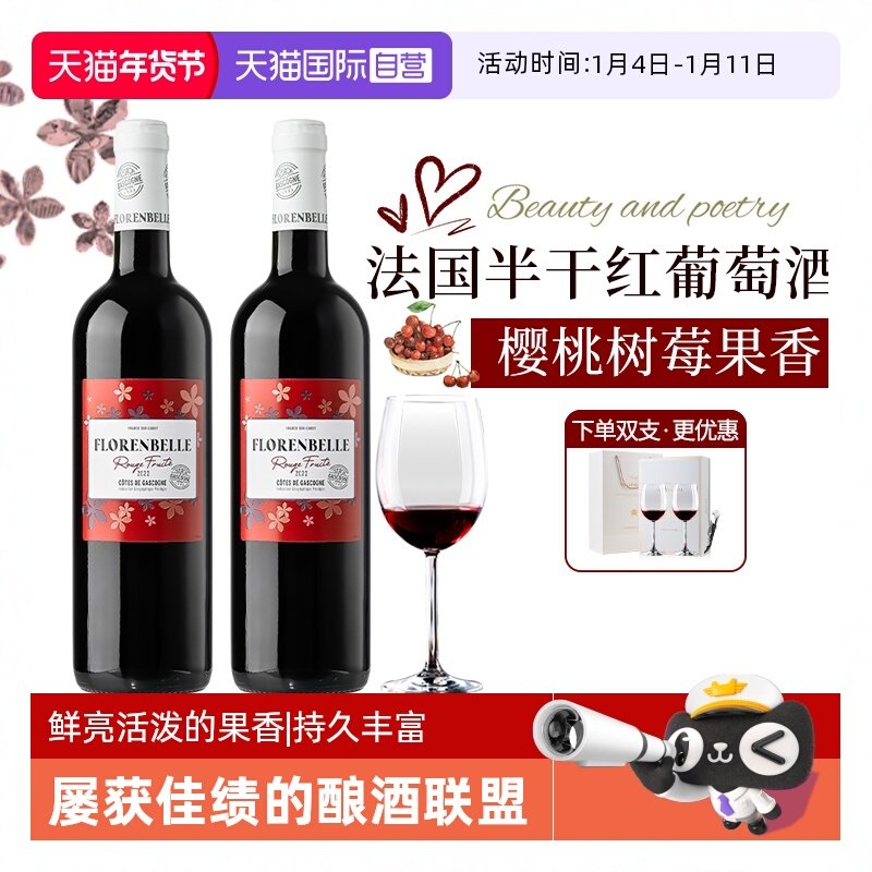 【自营】法国原瓶进口半干红葡萄酒正品梅洛赤霞珠混酿双支礼盒装