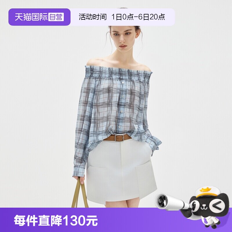 ELLE格纹一字领雪纺上衣花苞衬衫图片