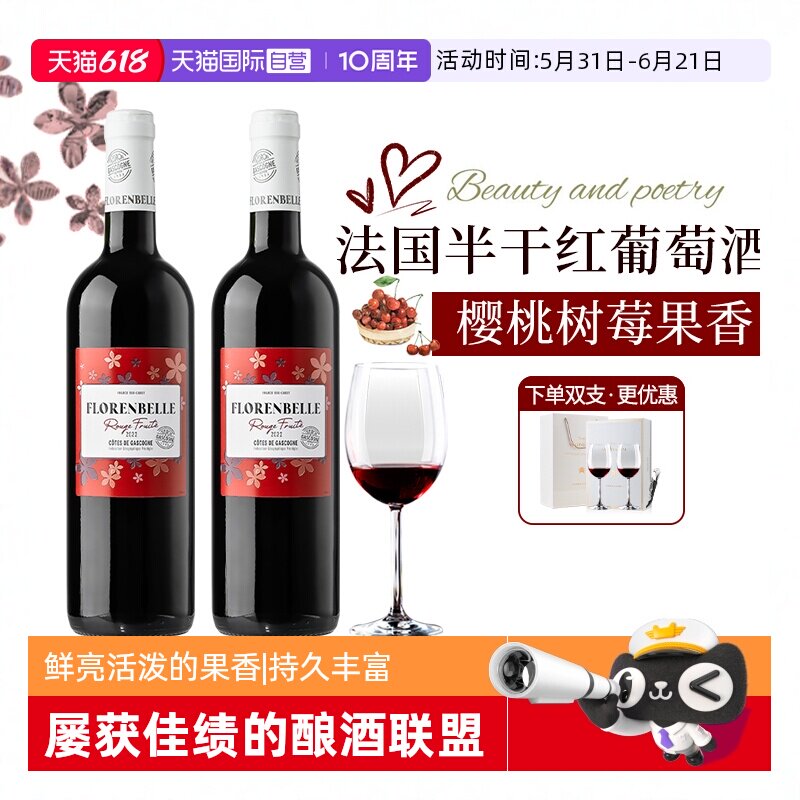 【自营】法国原瓶进口半干红葡萄酒正品梅洛赤霞珠混酿双支礼盒装