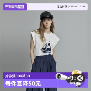 宽松显瘦薄款 白色T恤女2024夏款 自营 上衣 ELLE设计感纯棉无袖