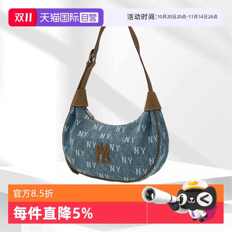 【自营】MLB男女单肩包复古老花腋下拎包NY满印挎包手提包BQMV55N