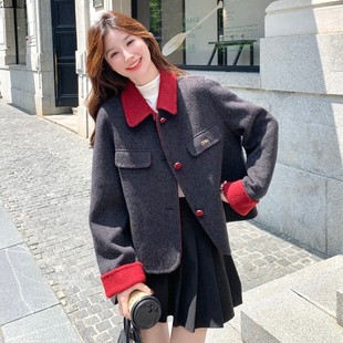 新款现货！秋冬黑红拼接拼色双面羊绒大衣短外套D908-P240K328