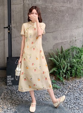 新款夏季中式盘扣小唐人印花复古宽松连衣裙X005 P140K188