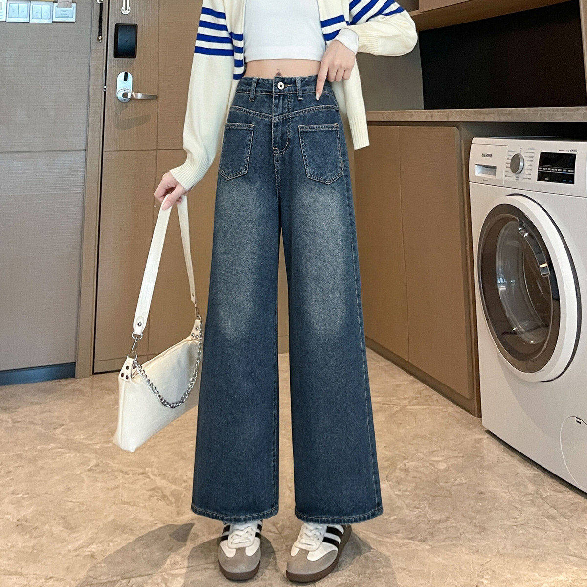 唐狮2026春秋口袋立体印花直筒阔腿女牛仔裤小个子显瘦显高长裤女