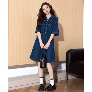 唐狮正品新款女翻领收腰短袖牛仔连衣裙女夏抽绳显瘦休闲百搭裙子