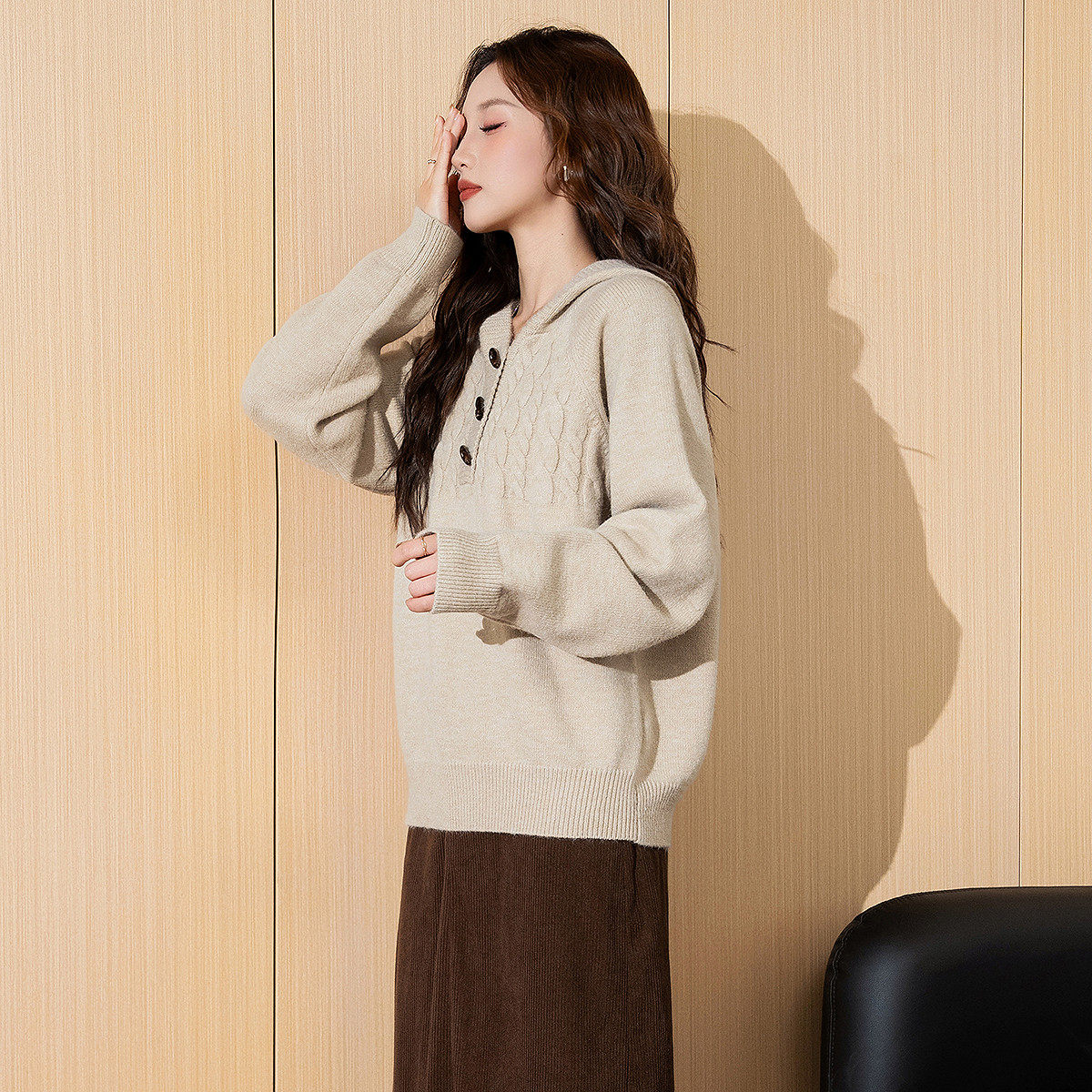唐狮2026新款毛衣女圆领女圆领半开胸连帽套头休闲毛线衫毛衣潮wp