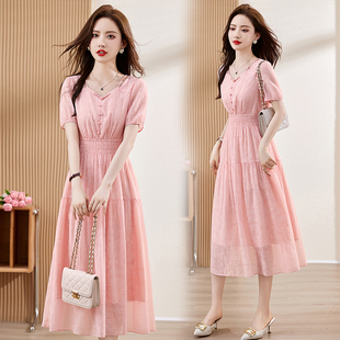 春装女款2026年新款高级感小个子夏季新款时尚订珠修身气质连衣裙