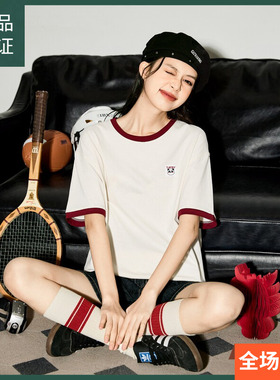 唐狮2024夏季新款女短袖撞色T恤简约熊猫绣花休闲宽松上衣sz