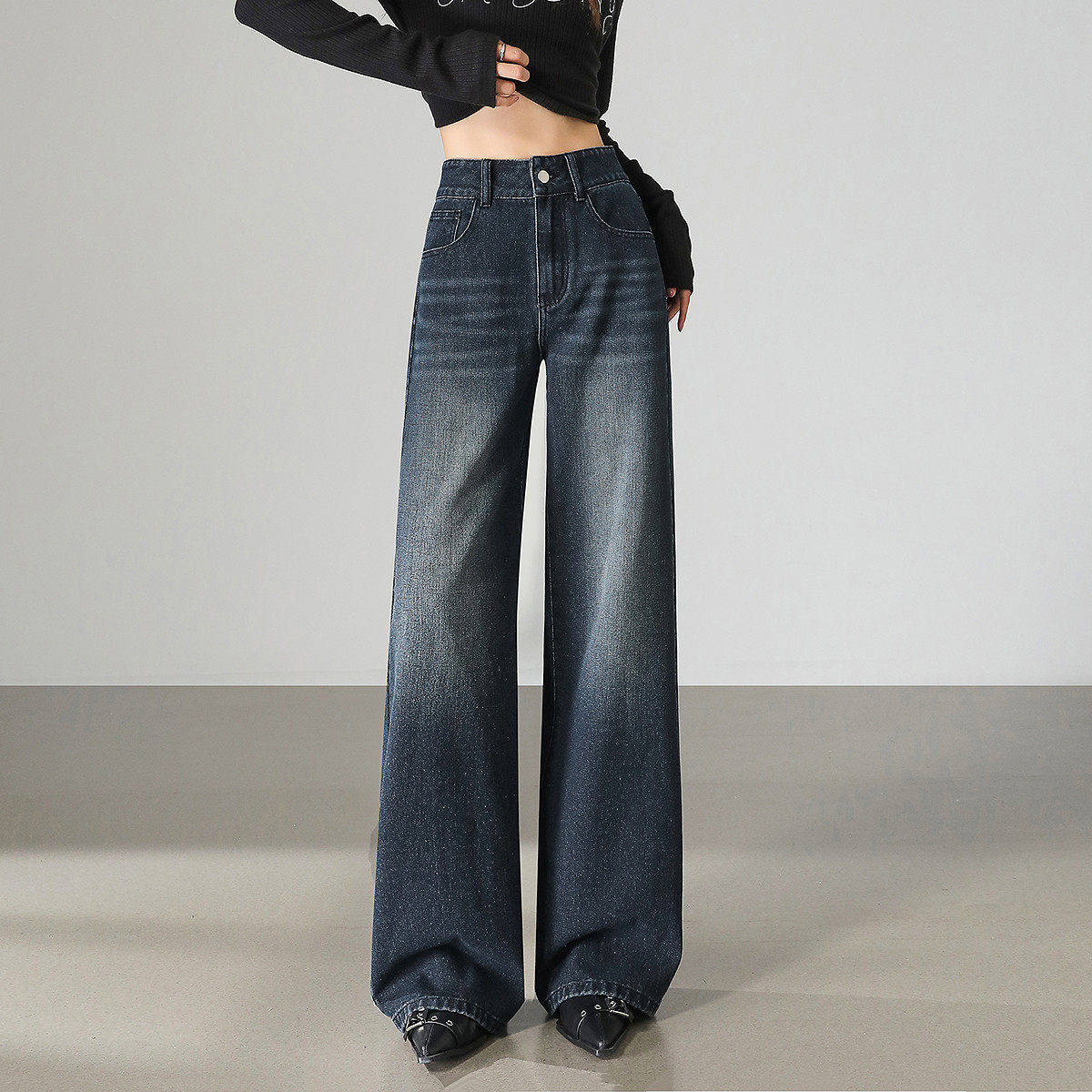 唐狮女装年秋季新款女牛仔长裤复古百搭显瘦高腰遮肉宽松阔腿裤k1