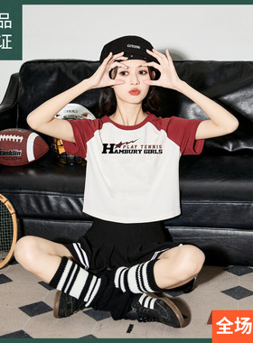 唐狮短袖T恤女2024新款夏季插肩修甜辣短款上衣女美式复古体恤sz