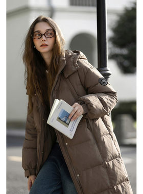 唐狮2026秋冬季女连帽超长款羽绒服过膝保暖时尚百搭棕色羽绒外套