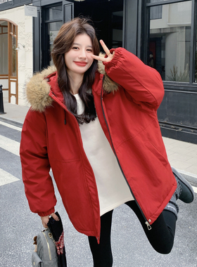 秋冬新款女装心情宽松休闲红色大毛领连帽棉衣棉服2C212-G208-P22