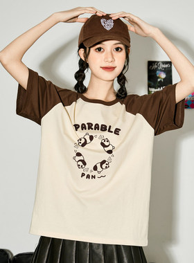 唐狮2026夏新款短袖T恤女宽松插肩袖撞色熊猫趣味印花别致上衣sz