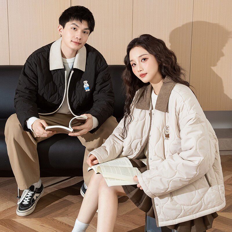 唐狮2026冬季新款情侣棉服男翻领潮流刺绣休闲轻薄短款棉衣女外套