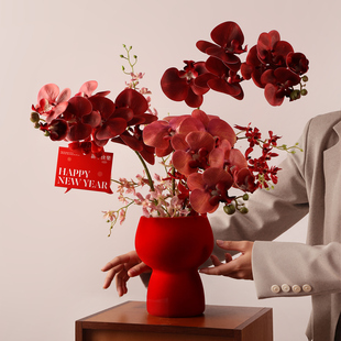 2026年仿真花束陶瓷花瓶结婚装饰品氛围布置红色蝴蝶兰桌面摆件