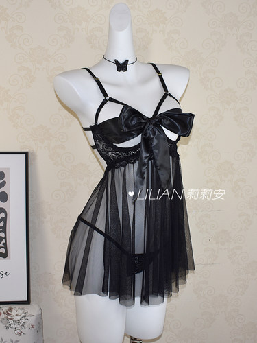 法式透视显瘦蕾丝睡裙套装带钢圈托小胸显大性感纯欲睡衣性感吊带