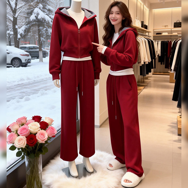 红色连帽卫衣套装女秋冬拉链开衫休闲阔腿裤加绒加厚两件套高级感