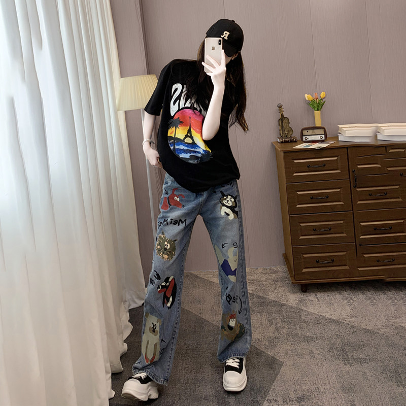 短袖宽松卡通印花T恤时尚花套装休闲显瘦高腰直筒嘻哈牛仔裤夏季