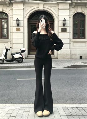 春秋纯欲一字领显瘦微喇叭裤套装