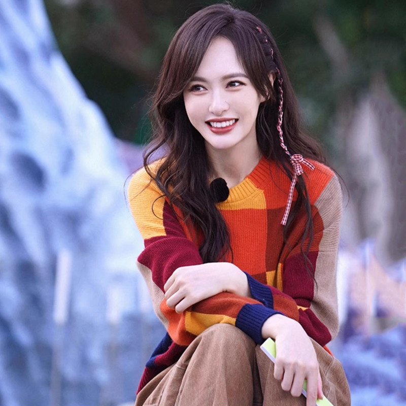 明星唐嫣同款毛衣女秋冬新款日系慵懒风复古高级感格子针织衫上衣