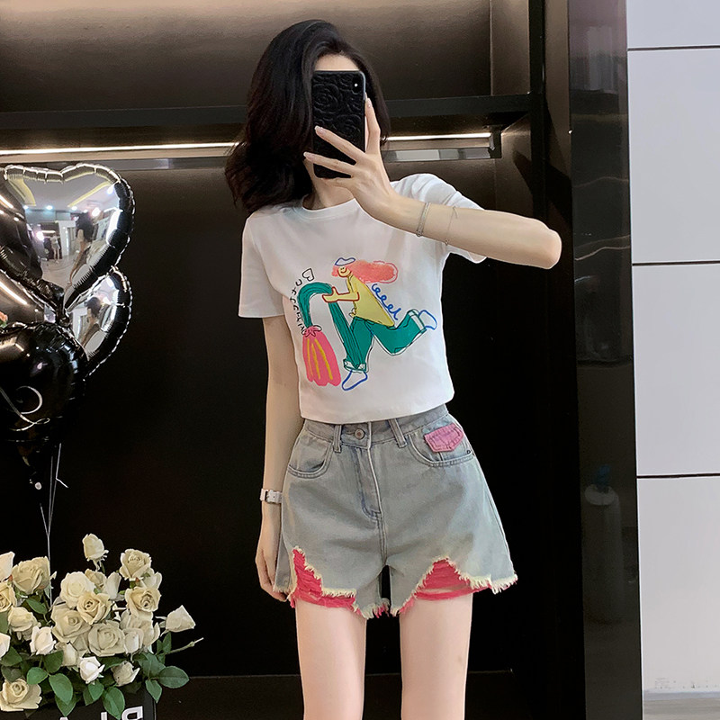 时尚套装女洋气减龄短袖卡通印花T恤高腰显瘦短裤衩两件套ins风夏