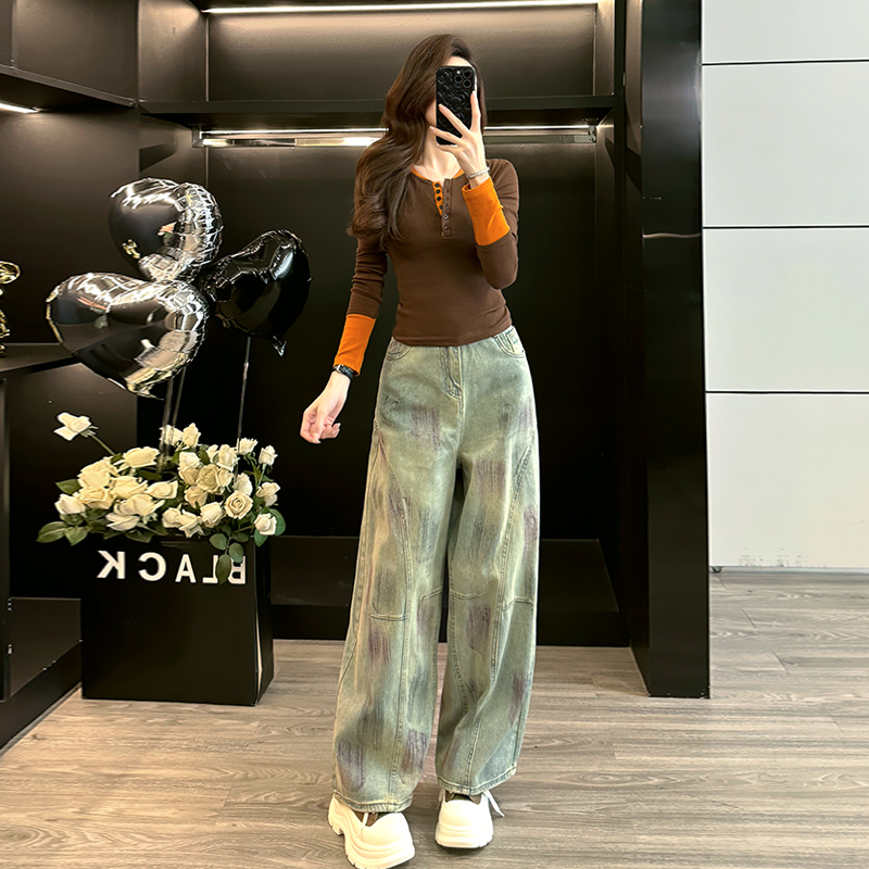 秋冬时尚套装女设计感小众长袖打底上衣高腰显瘦阔腿牛仔裤两件套