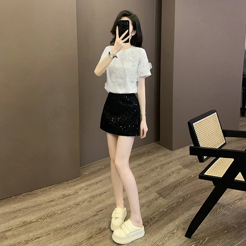 夏季时尚套装女洋气减龄短袖T恤高腰显瘦亮片半身裙两件套ins风潮