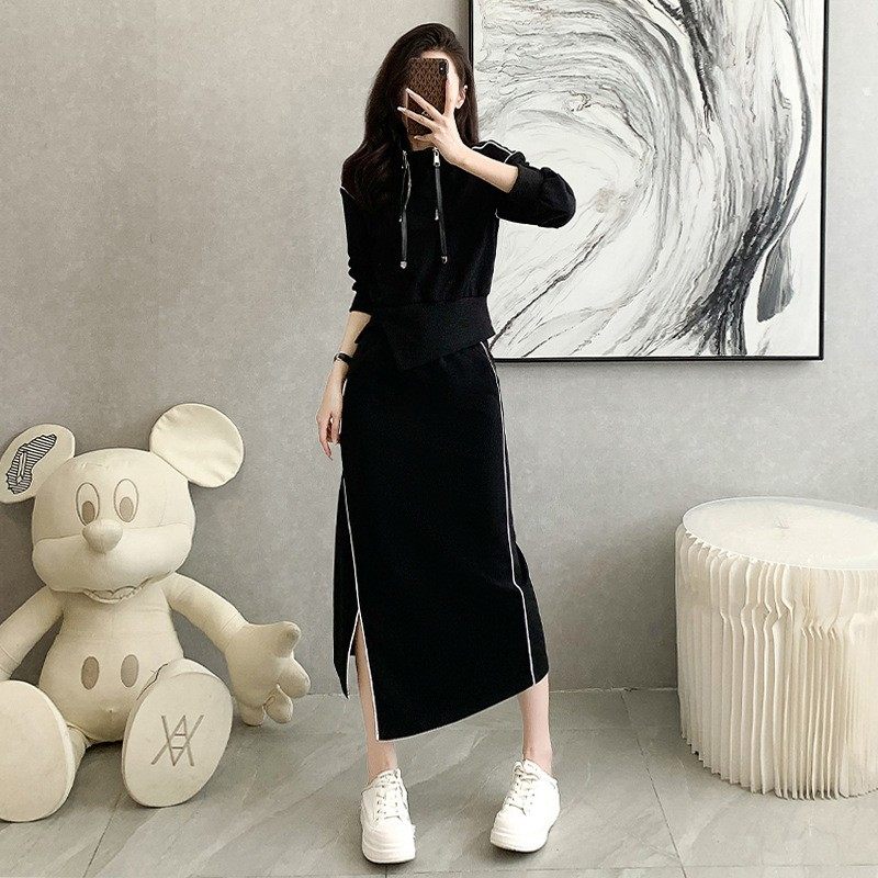 休闲风黑色卫衣中长款半身裙两件套女春秋新款韩版高级感运动套装