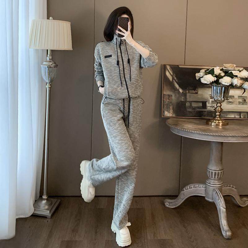 条纹运动服套装女秋冬新款慵懒风宽松卫衣时尚加绒加厚两件套潮