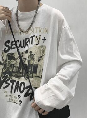 白色t恤男长袖春秋季宽松休闲打底衫潮牌ins港风韩版百搭纯色上衣