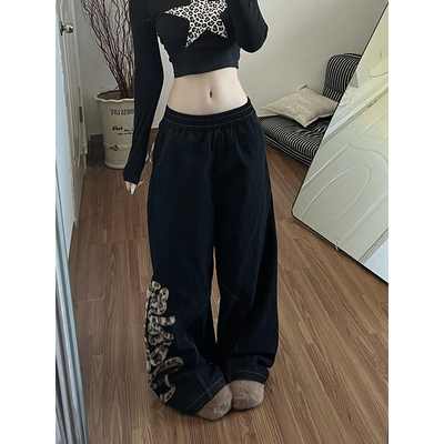 刺绣拼接豹纹卫裤女秋冬季立体毛绒弯刀hiphop爵士舞复古阔腿裤子