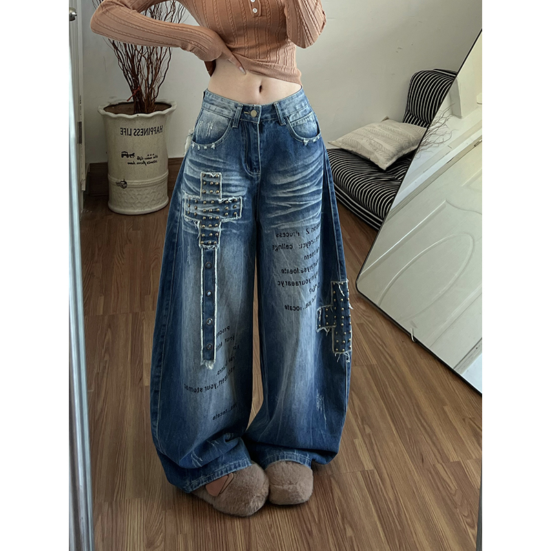 高街工装弯刀牛仔裤女款2025秋冬新款宽松慵懒松驰风阔腿拖地裤子