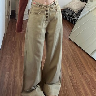 女阔腿拖地cleanfit休闲弯刀裤 裤 复古宽松直筒可调节排扣工装 美式