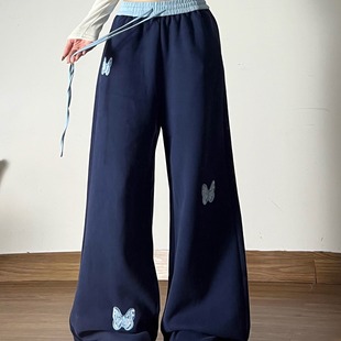 小众直筒卫裤 美式 撞色拼接腰头个性 女秋冬季 宝蓝色蝴蝶贴布休闲裤