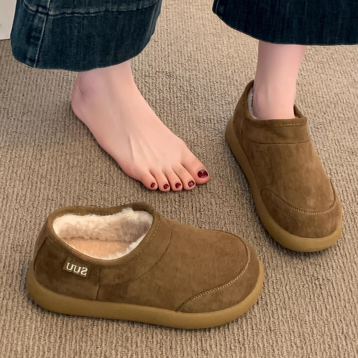 复古小土豆加绒勃肯鞋女2025冬季新款全包一脚蹬保暖雪地靴棉鞋子