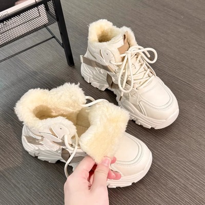 冬季加绒厚底增高保暖老爹鞋女